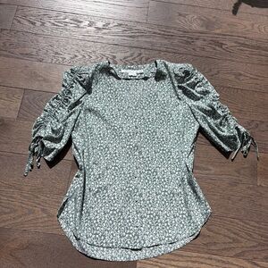 Veronica Beard Sage Green Floral Ruched Sleeve Blouse